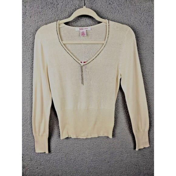 Nine & Co Sweater Top Womens M Cream Silk Blend Rhinestone V Neck Tapered Waist - Picture 1 of 11